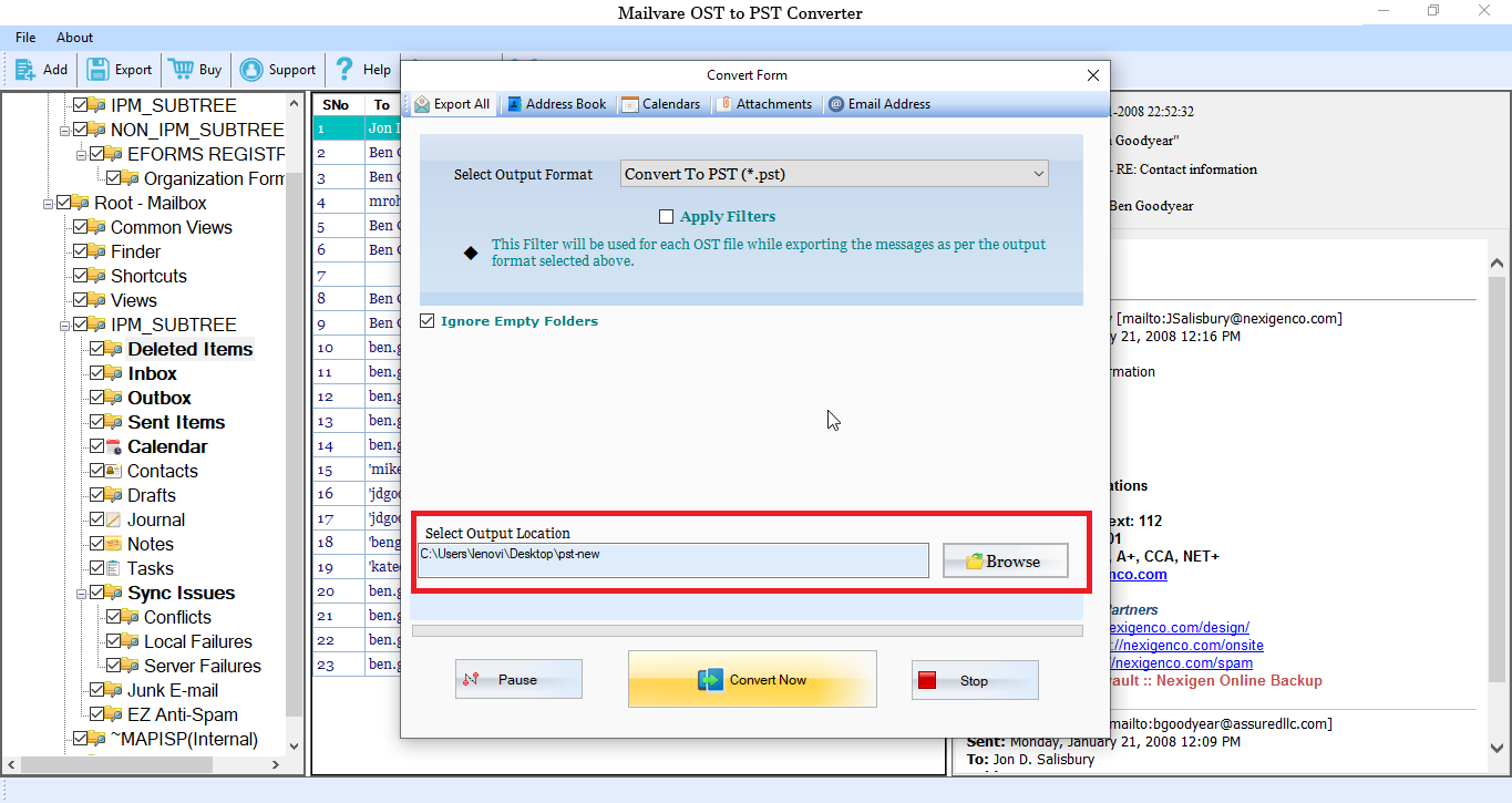 choose output location